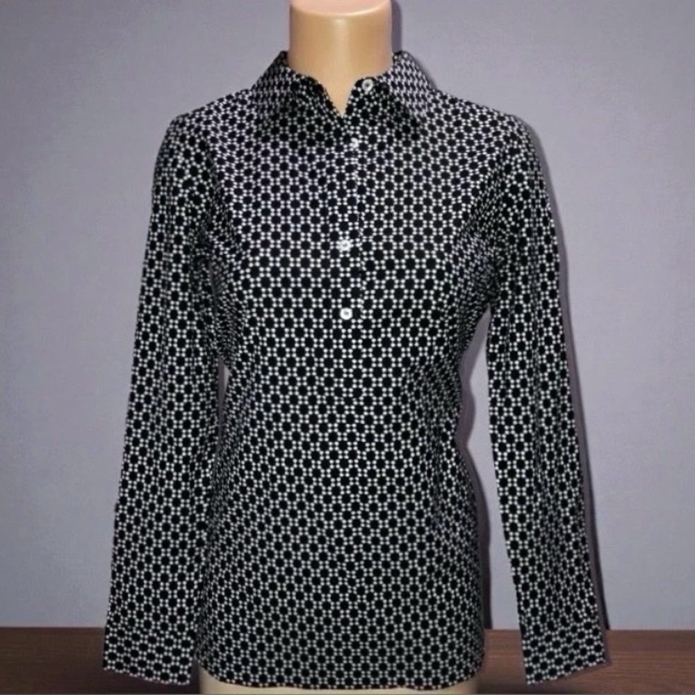 Talbots Black White Floral No Iron Button Blouse Coastal Quiet Luxury Preppy 2